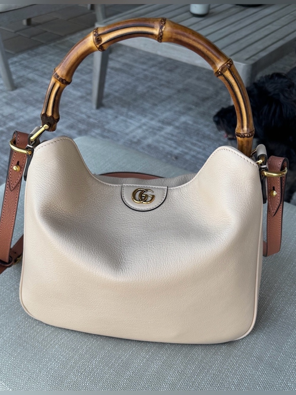 Gucci Beige Leather Bamboo Handle Shoulder Bag with Gold-Tone GG